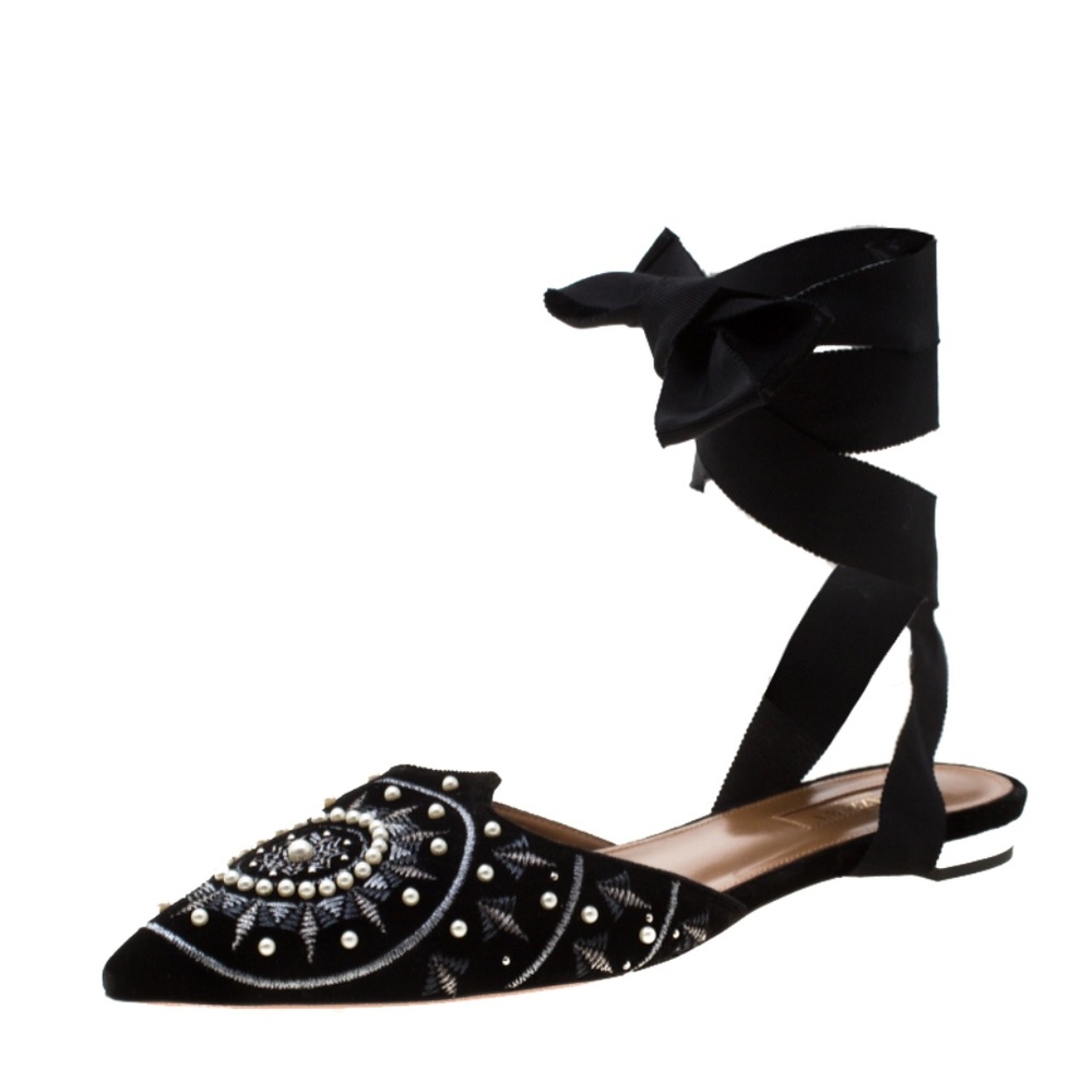 Aquazzura Stellar Embellished Black Suede Flats - Picture 1 of 10